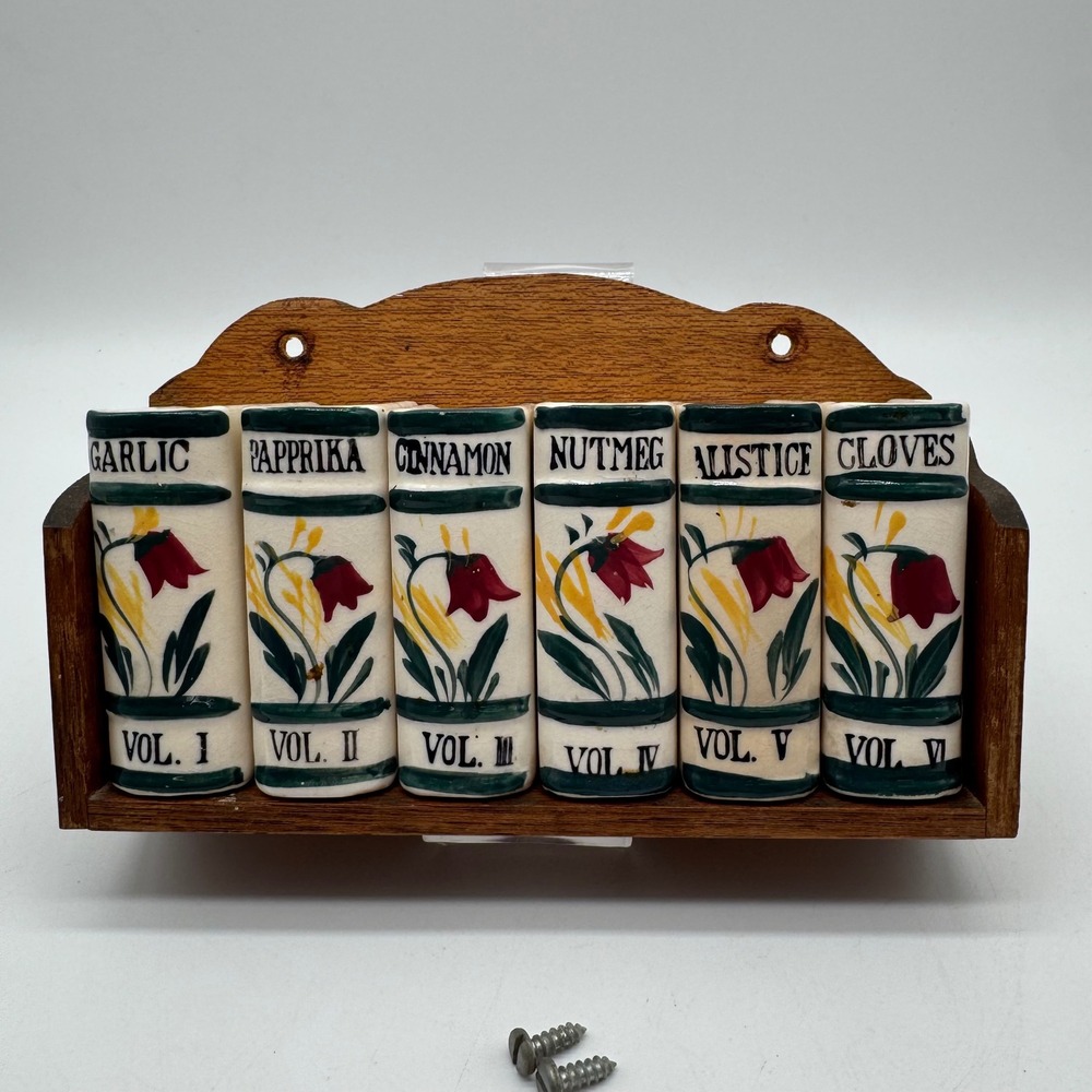 Vintage Ceramic Book Spice Shaker Rack Set 6 Japan Tulip Mid Century Kitchen